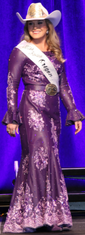 Kayla Vincent, Miss Rodeo Oregon 2017, in purple lambskin leather dress
